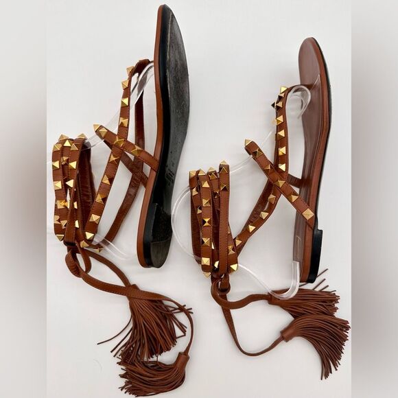 Valentino Garavani Rockstud Thong Sandals Brown Leather Gladiator Tie EU 38 US 8 - Picture 8 of 11